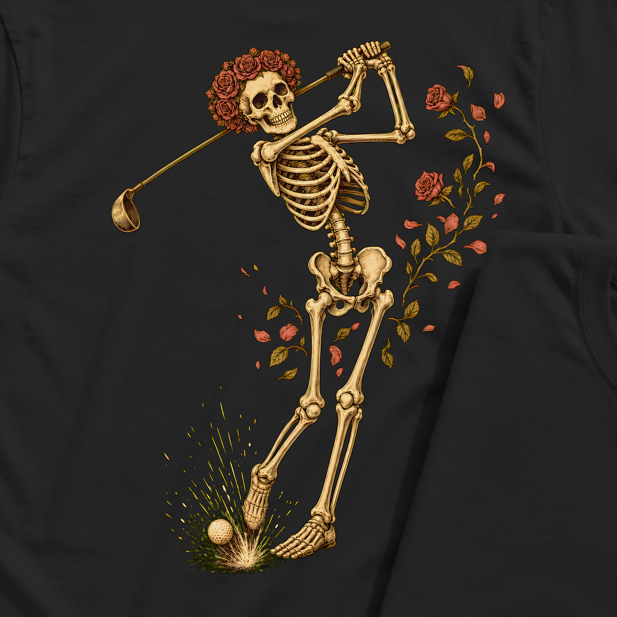 Rose Skeleton Swing Back Print Tee, print close-up on Black