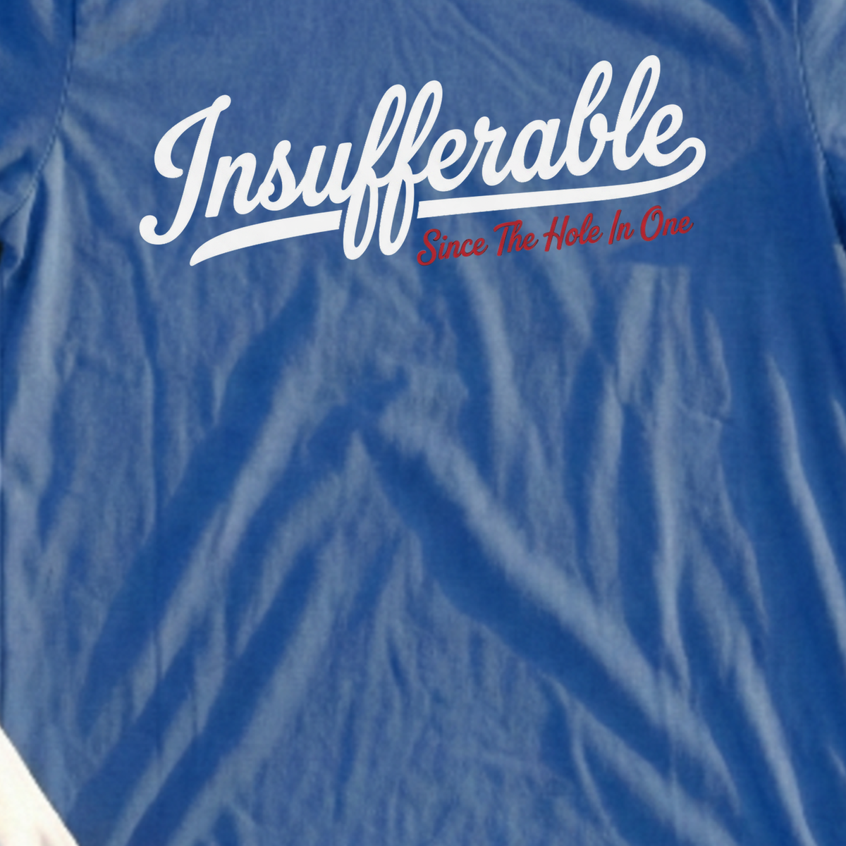 Insufferable Since The Hole In One Tee, print close-up on Royal