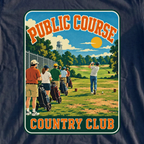 Public Course Country Club Travel Poster Tee, print close-up on Navy