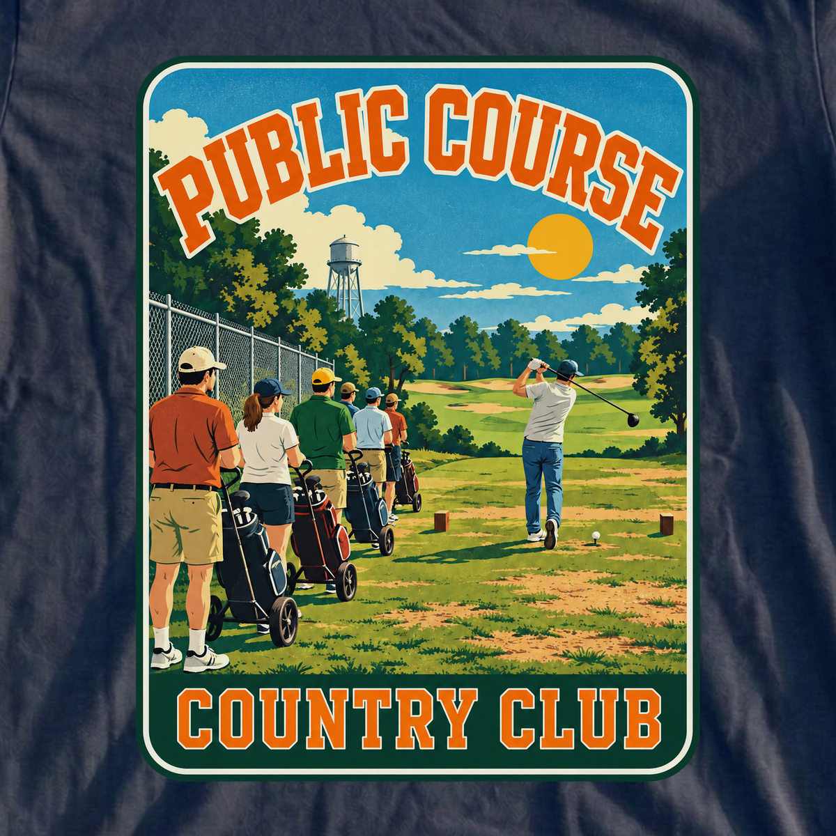Public Course Country Club Travel Poster Tee, print close-up on Navy