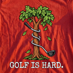 Golf Is Hard Tree Tee, print close-up on Red