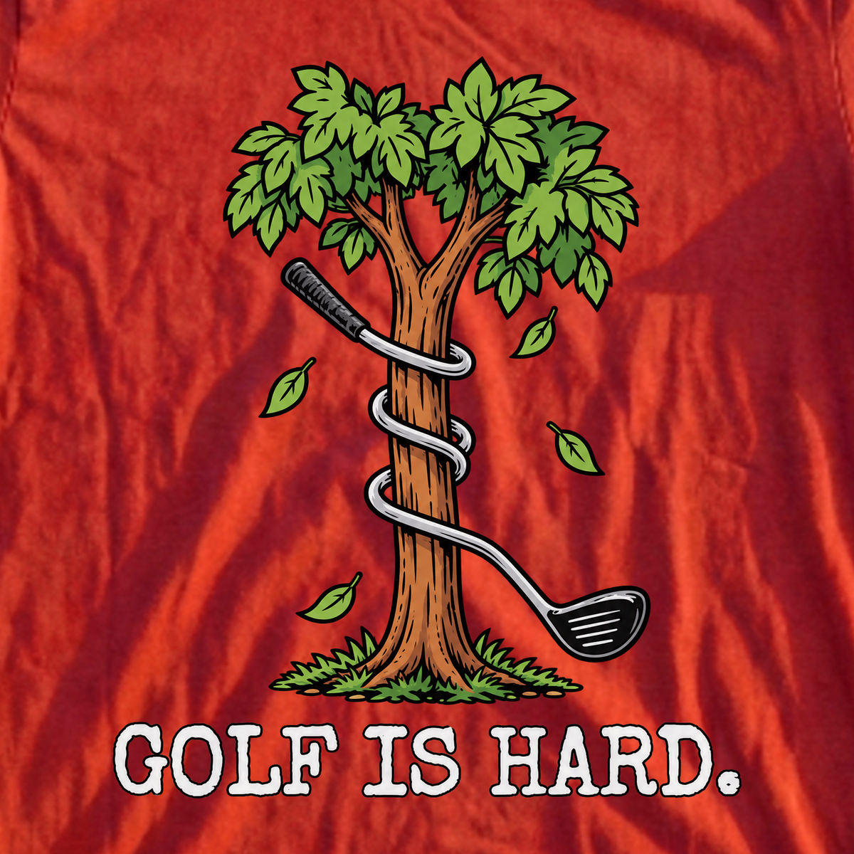 Golf Is Hard Tree Tee, print close-up on Red