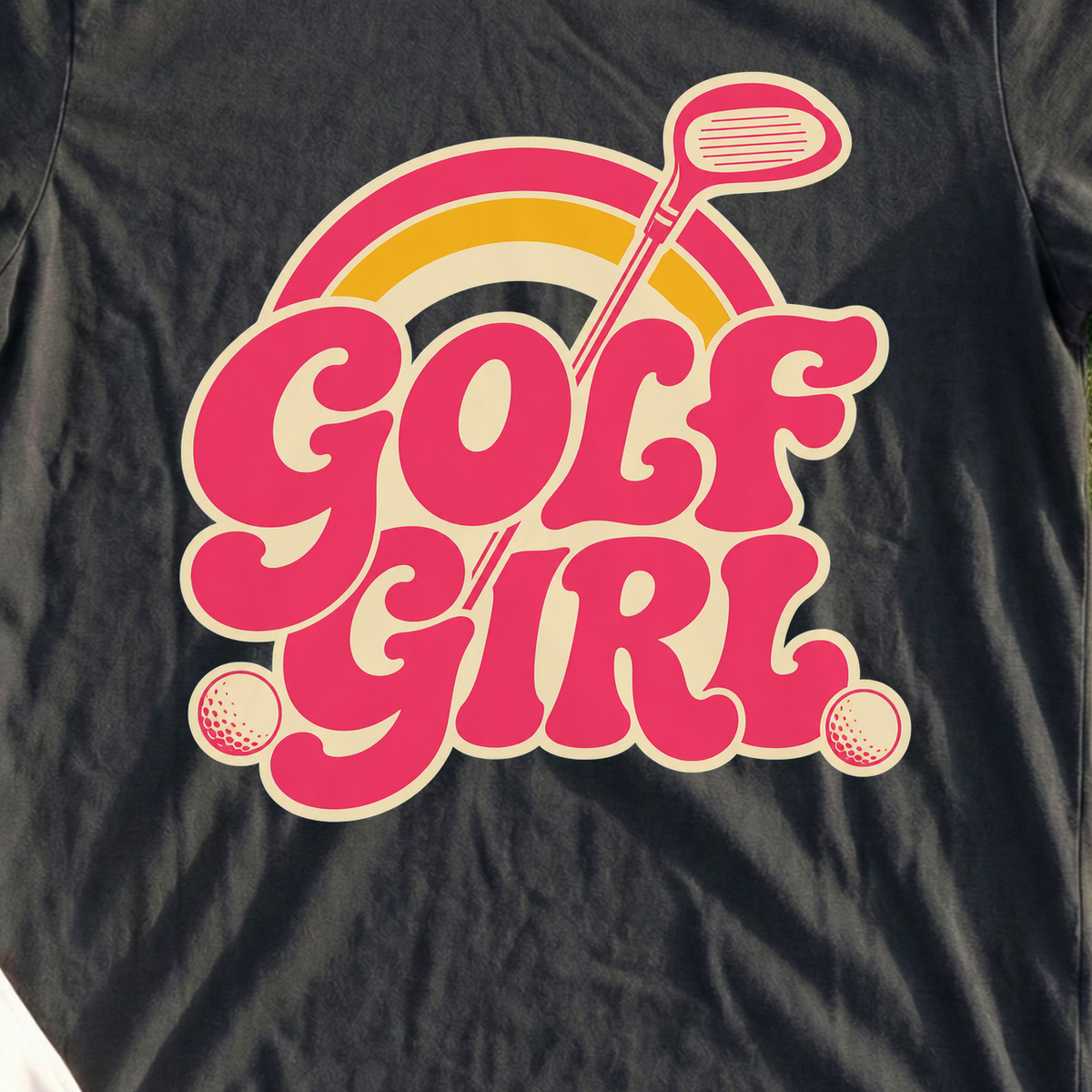 Golf Girl, Groovy Script Sunset Tee, print close-up on Black