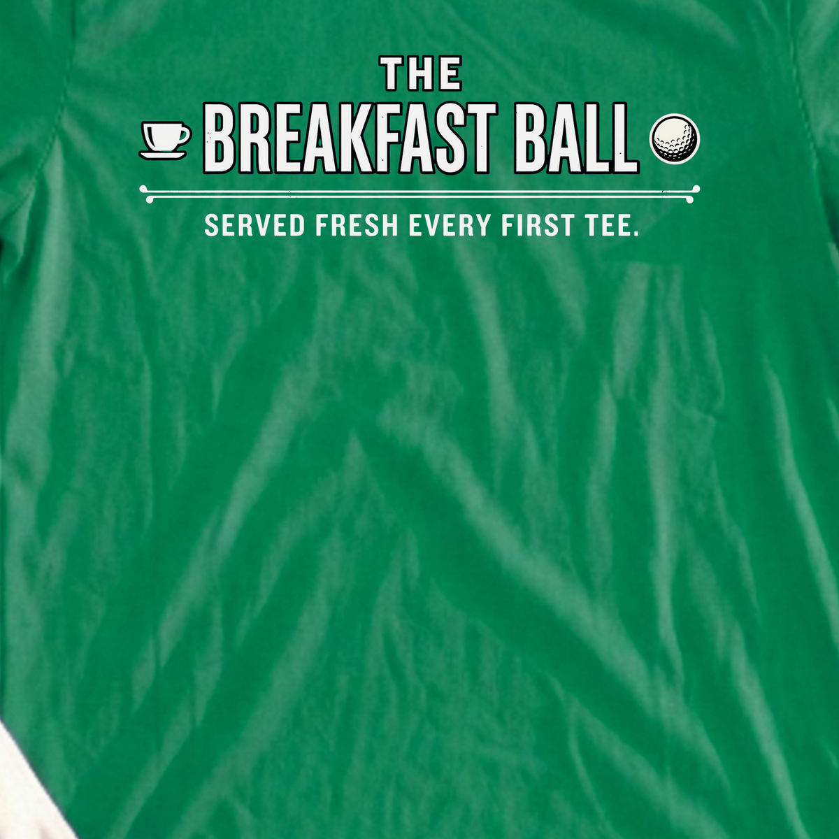 The Fresh Breakfast Ball Tee, print close-up on Irish Green
