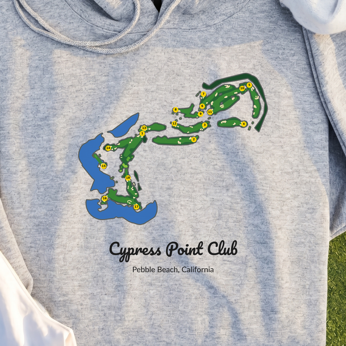 Cypress Point Club Course Map Hoodie, print close-up on Sport Grey