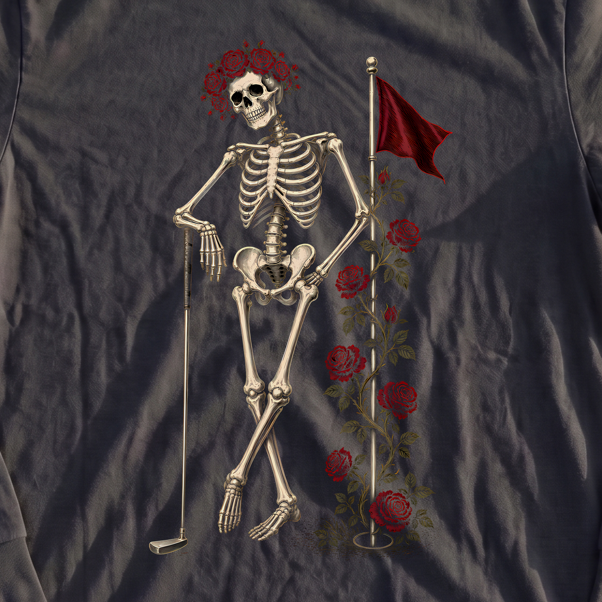 Rose Skeleton Leaning Long Sleeve Tee, print close-up on Black