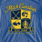 Mitch Cumstein School Crest Tee, print close-up on Royal