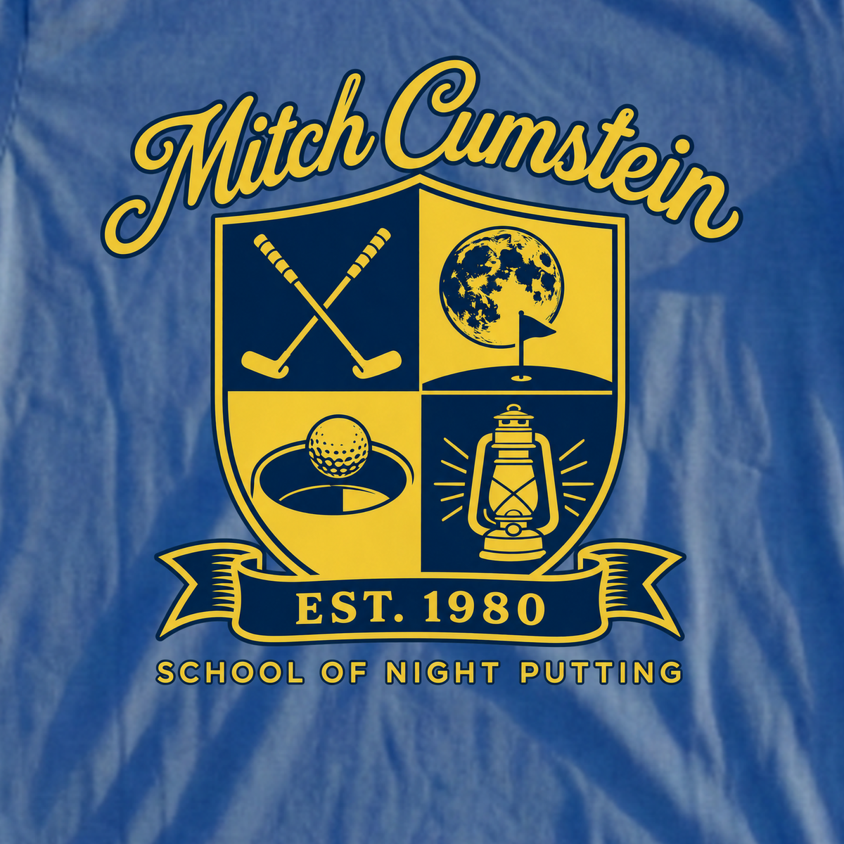 Mitch Cumstein School Crest Tee, print close-up on Royal