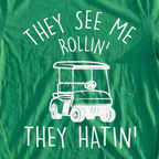 They See Me Rollin Long Sleeve Tee, print close-up on Irish Green