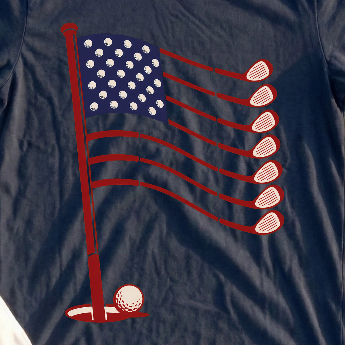 Old Glory On The Green Tee, print close-up on Navy