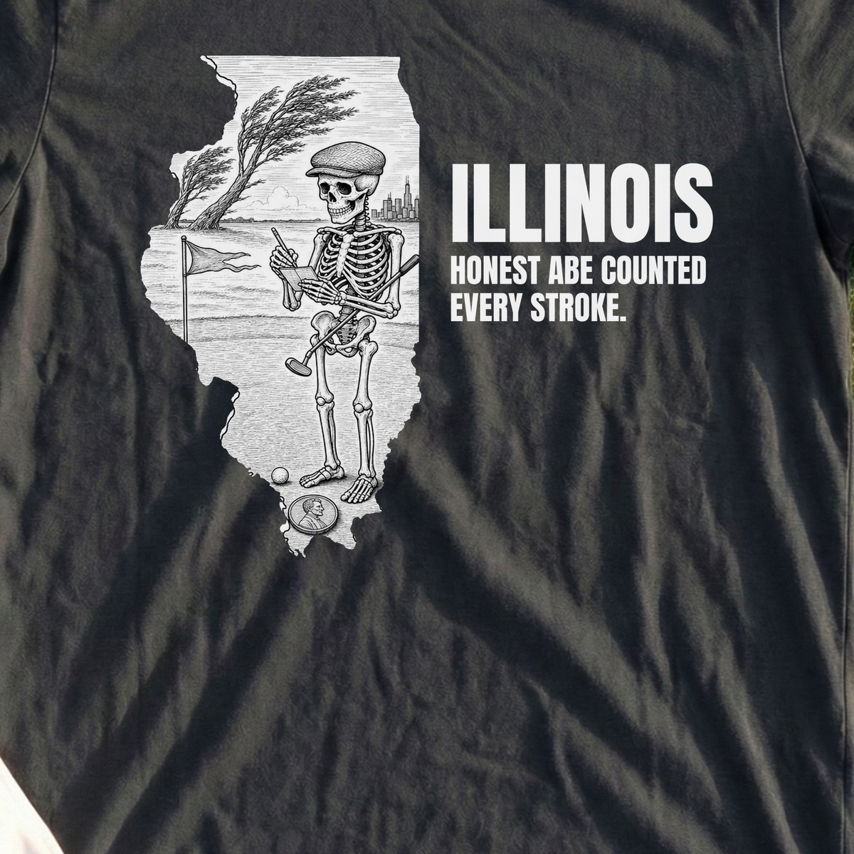 Illinois Honest Abe Counted Every Stroke Tee, print close-up on Black