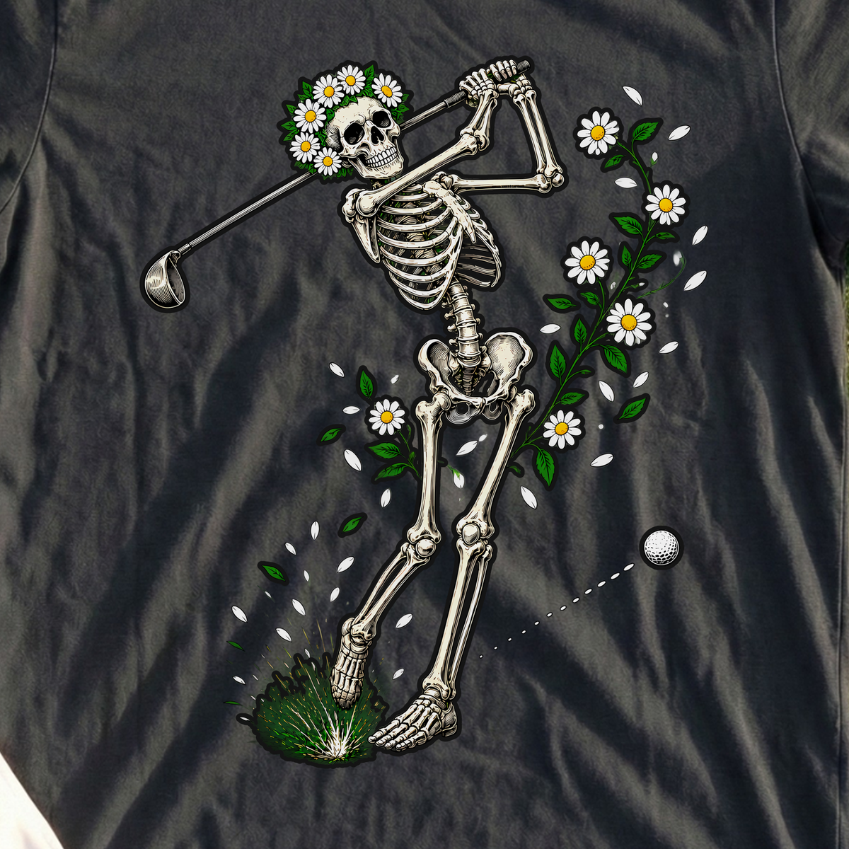 Daisy Skeleton Swing Tee, print close-up on Black