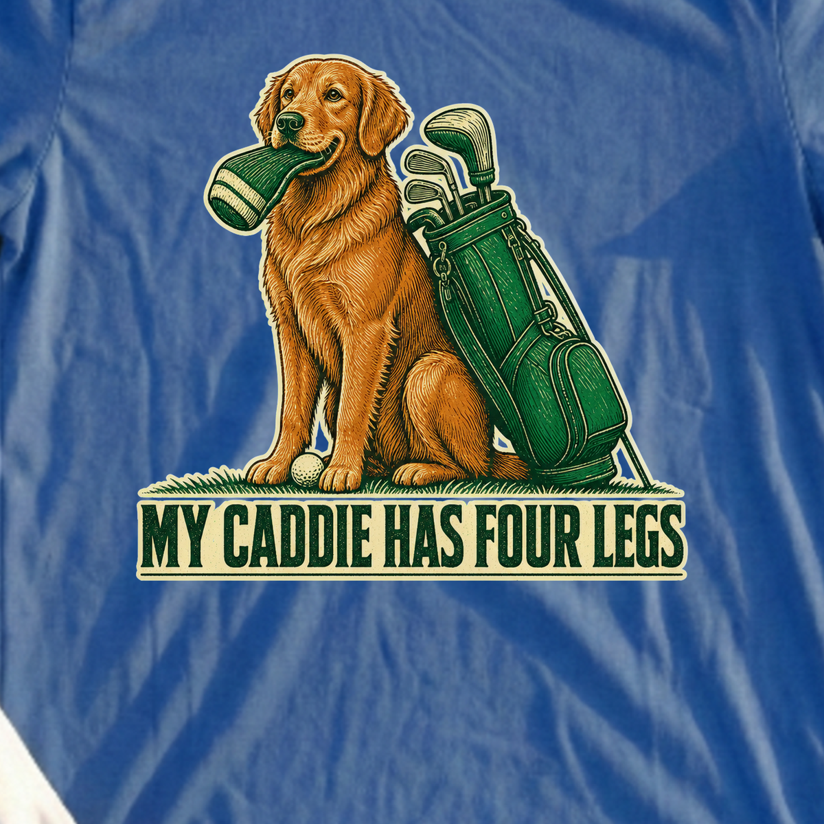 My Caddie Has Four Legs Tee, print close-up on Royal