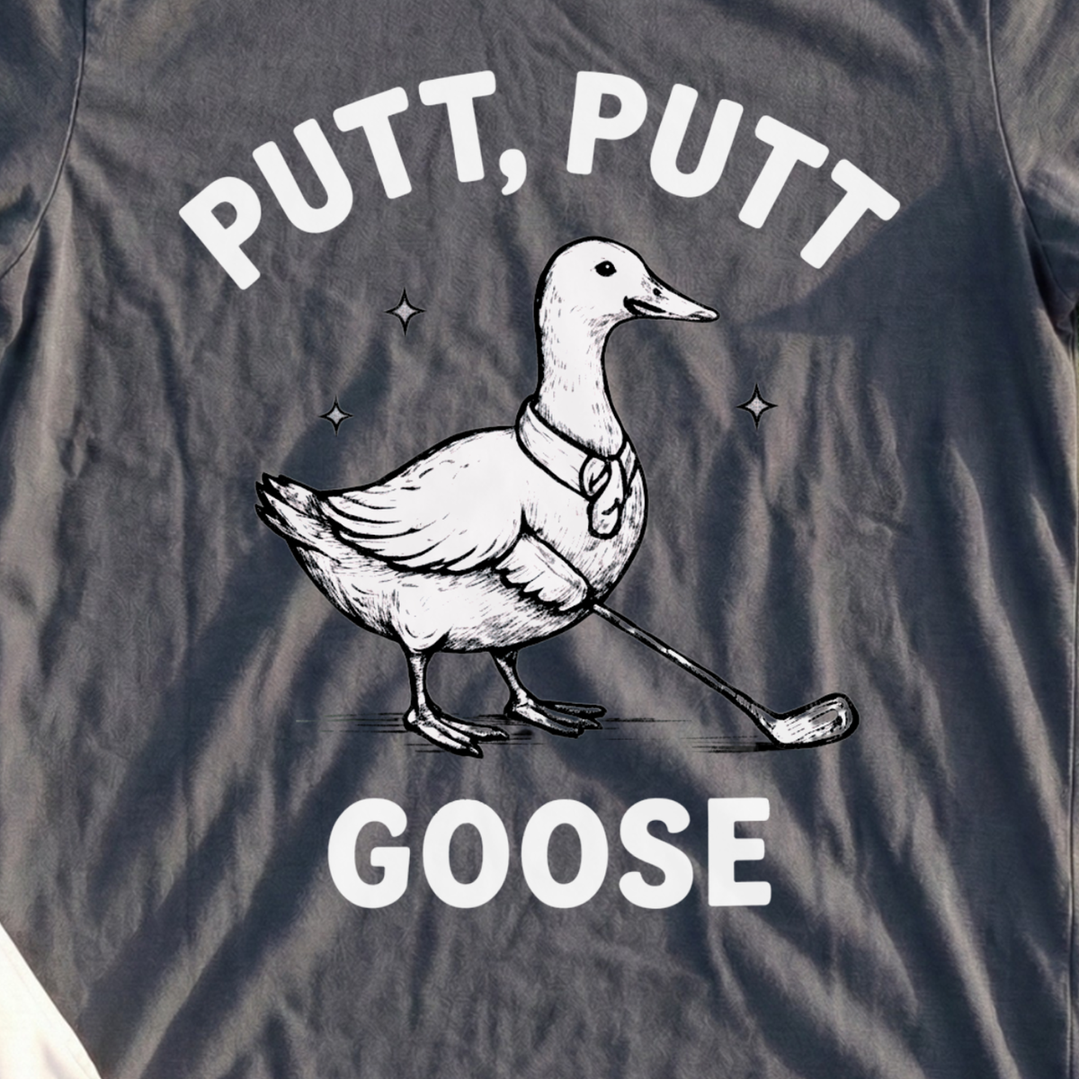 Putt Putt Goose Tee, print close-up on Dark Heather