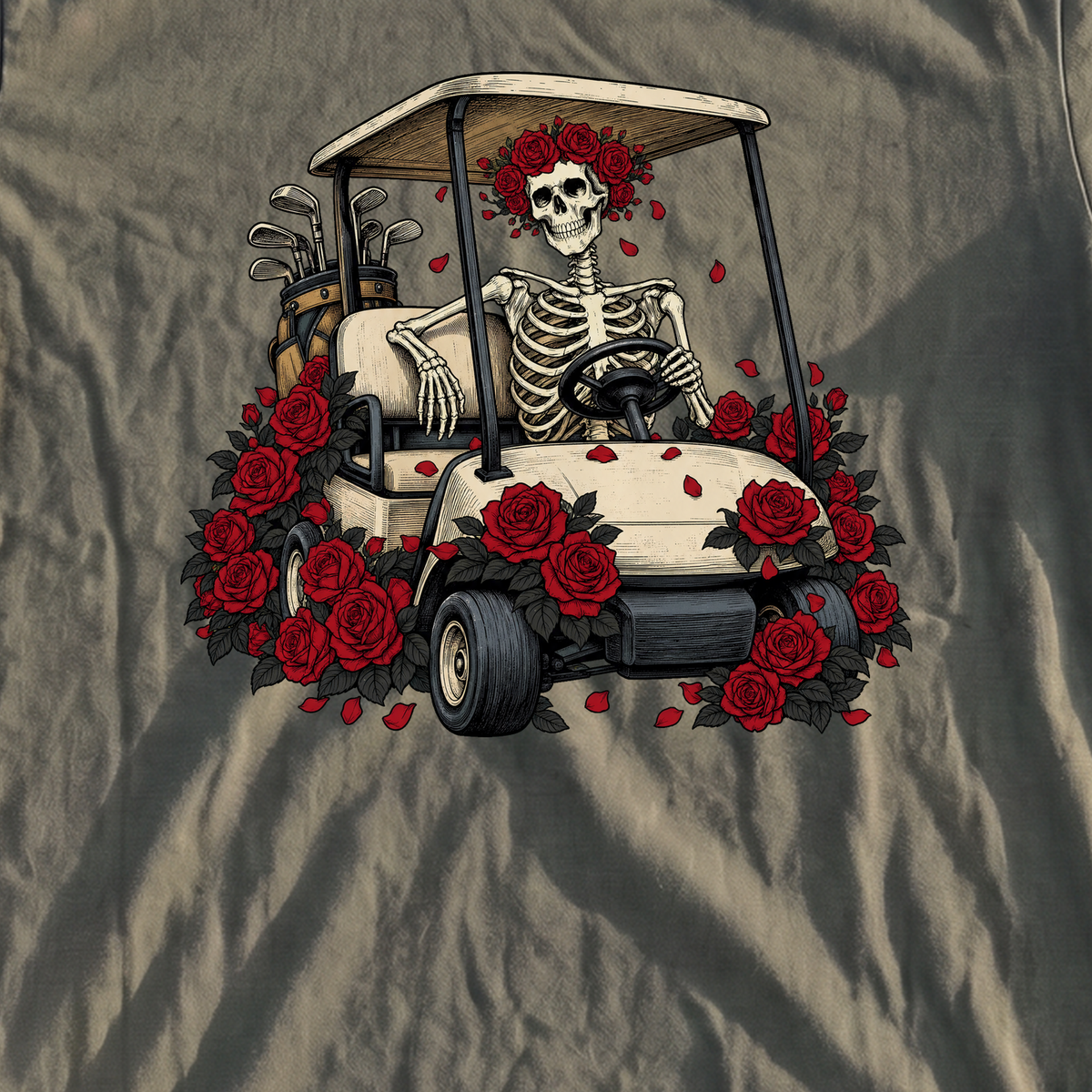 Cart Of The Departed Premium Tee, print close-up on Moss