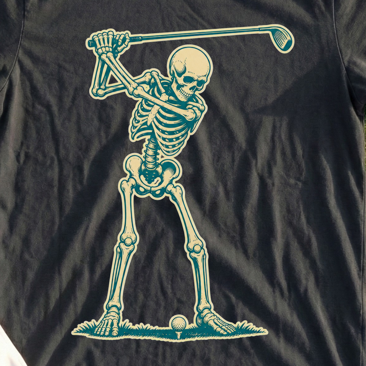Skeleton Backswing, Two-Tone Vintage Tee, print close-up on Black