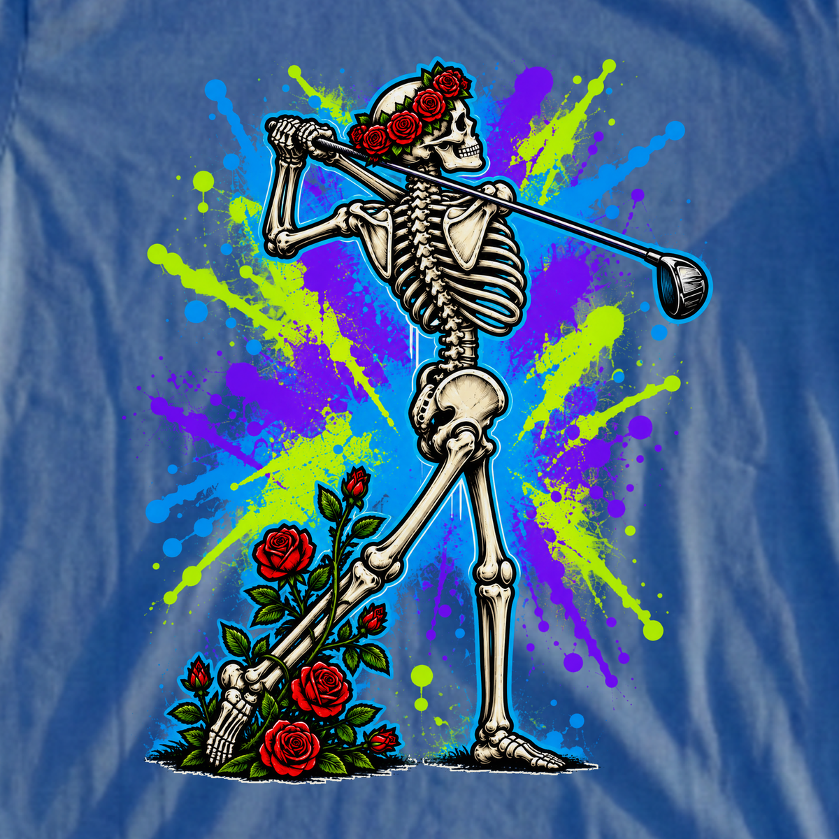 Rose Skeleton Follow Through Graffiti Tee, print close-up on Royal