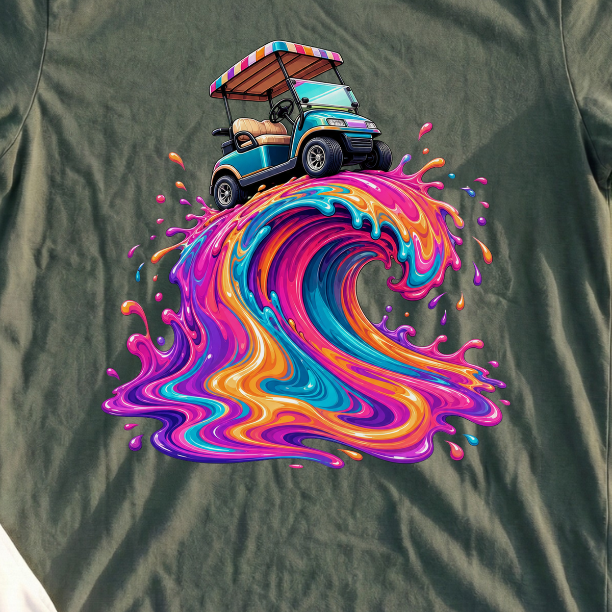 Cart Wave Tee, print close-up on Military Green