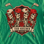 Four Horsemen Long Sleeve Tee, print close-up on Irish Green