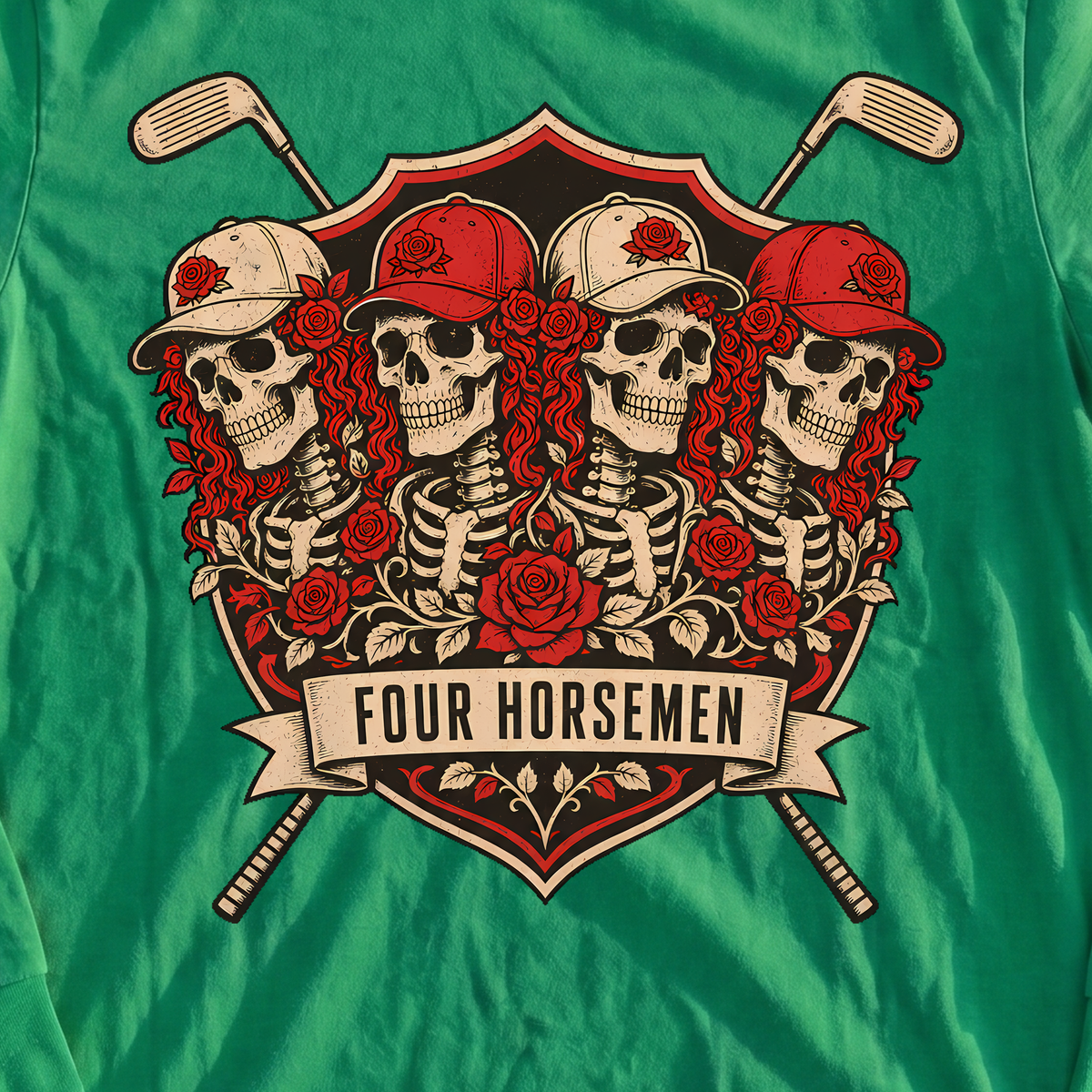 Four Horsemen Long Sleeve Tee, print close-up on Irish Green