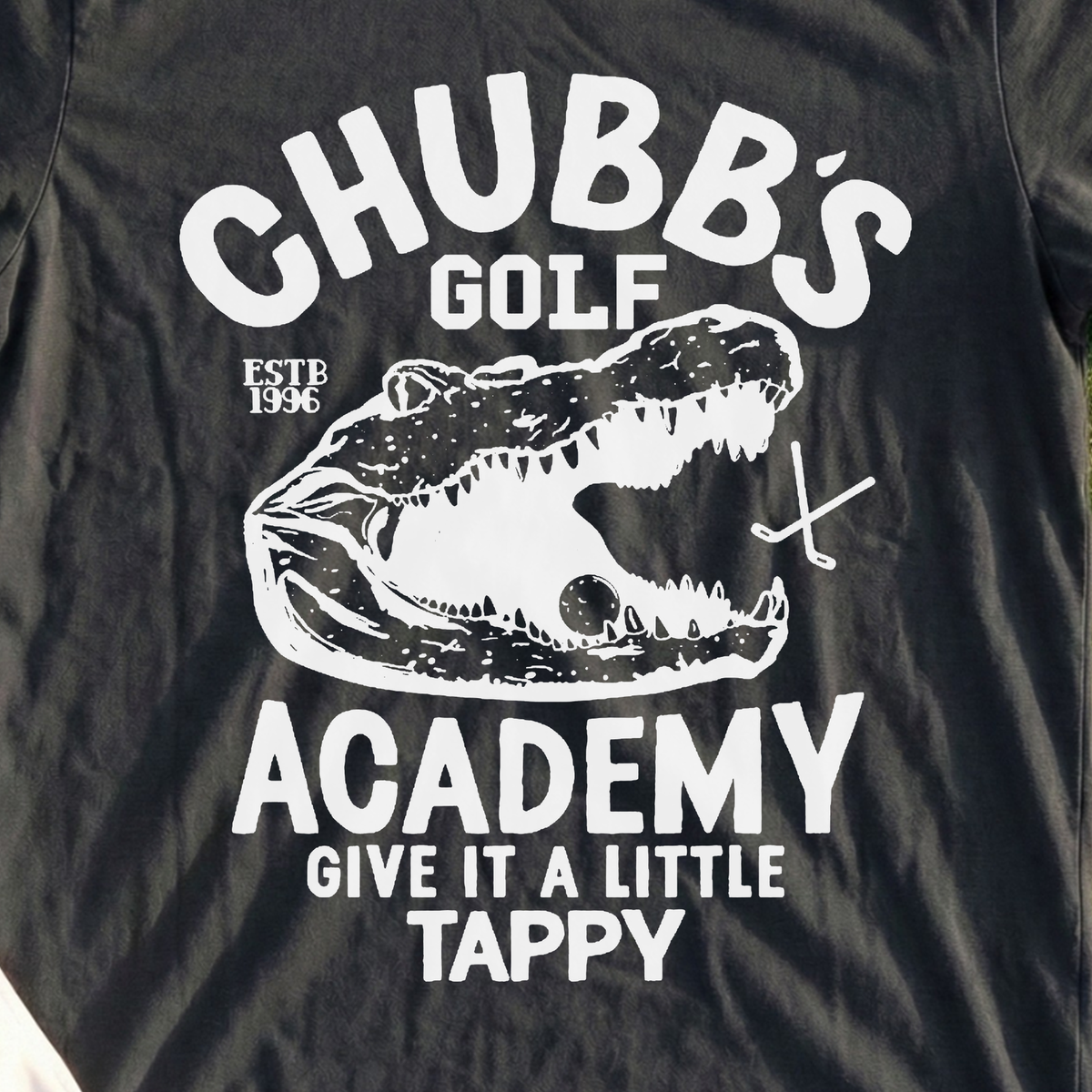 Chubb's Golf Academy Tee, print close-up on Black
