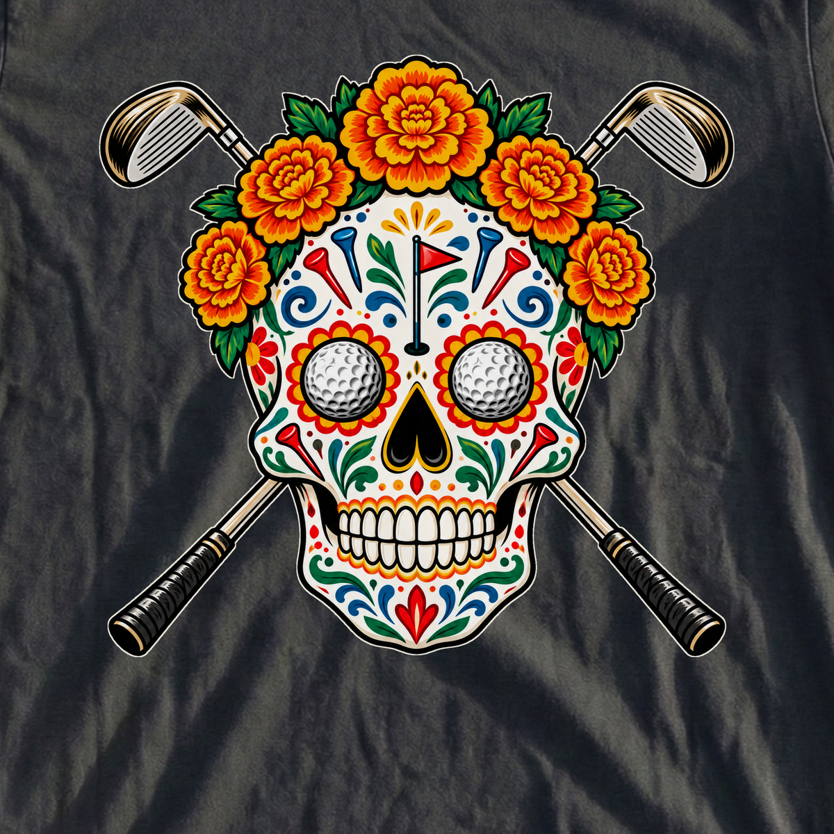 Sugar Skull Golfer Tee, print close-up on Black