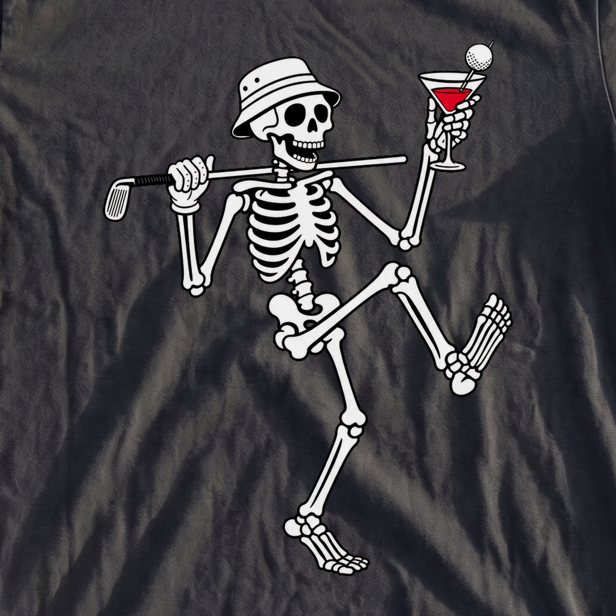Martini Skeleton Strut Premium Tee, print close-up on Black
