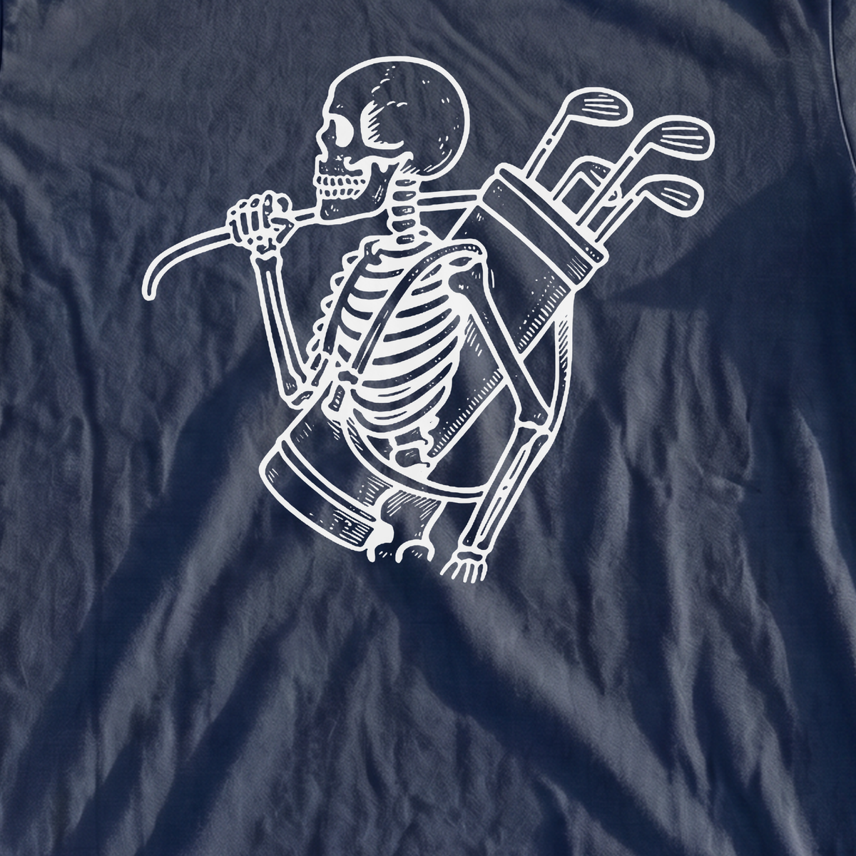Skeleton Caddie Premium Tee, print close-up on True Navy