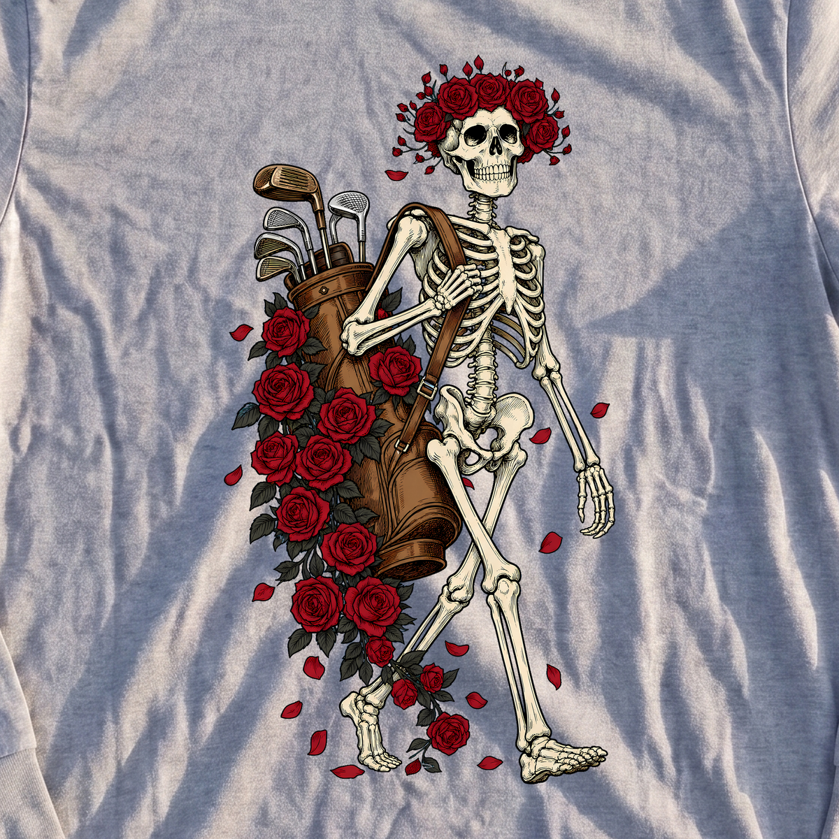 Skeleton Caddie Long Sleeve Tee, print close-up on Sport Grey