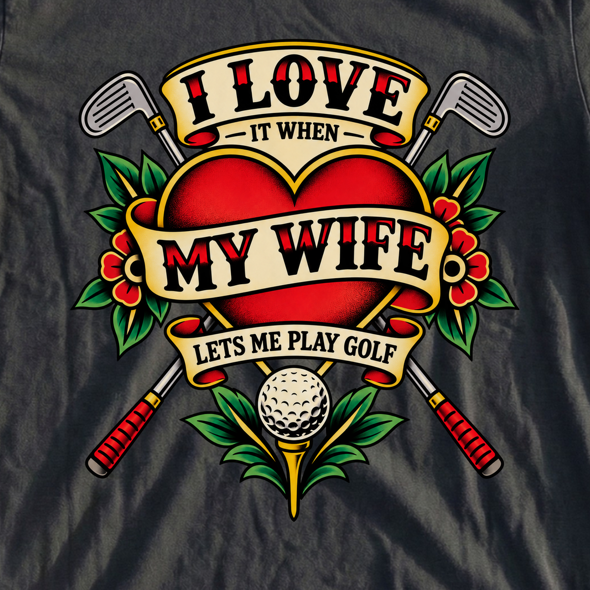 I Love My Wife Tattoo Tee, print close-up on Black