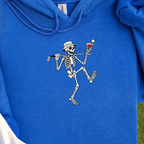 Martini Skeleton Strut Hoodie, print close-up on Royal