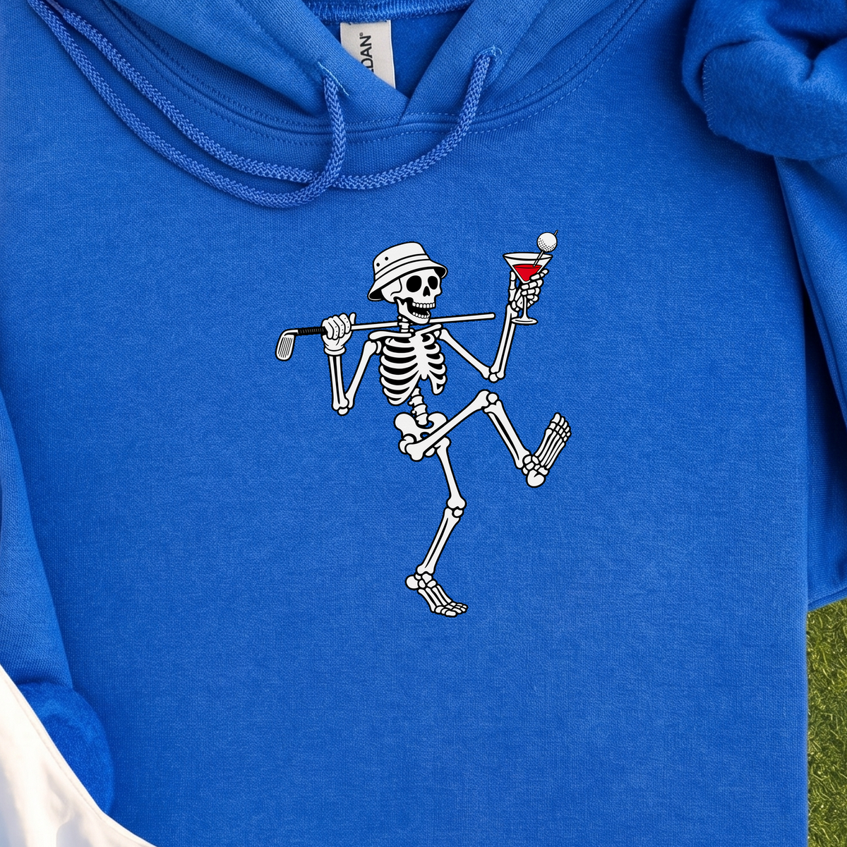 Martini Skeleton Strut Hoodie, print close-up on Royal