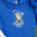 Swing Oil Beer Can Hoodie, print close-up on Royal