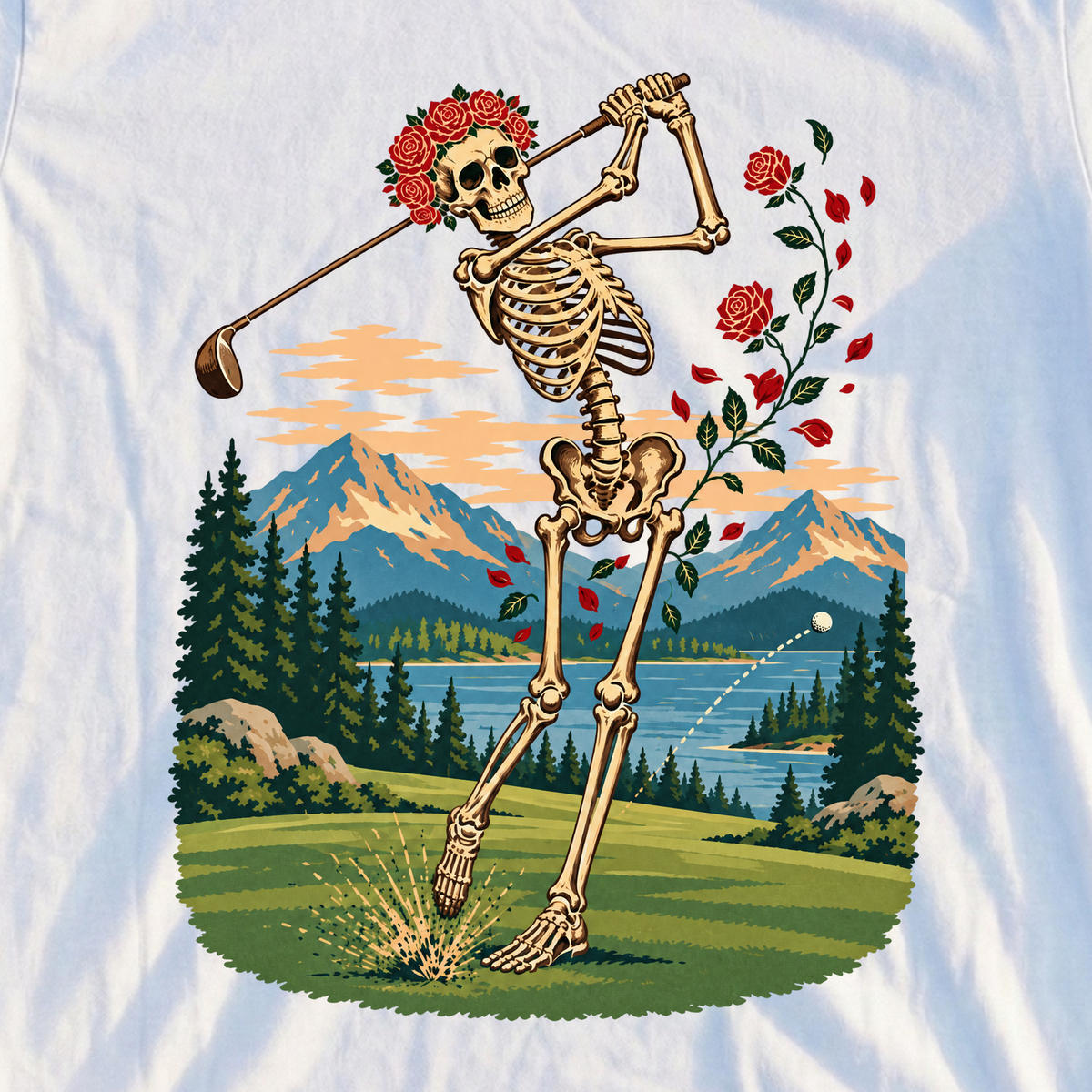 Rose Skeleton Travel Poster Tee, print close-up on White