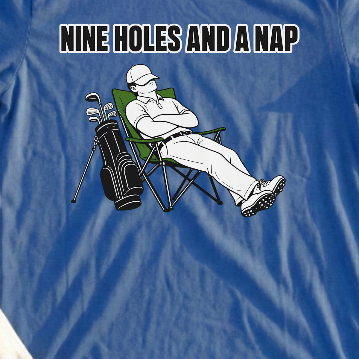 Nine Holes And A Nap Tee, print close-up on Royal