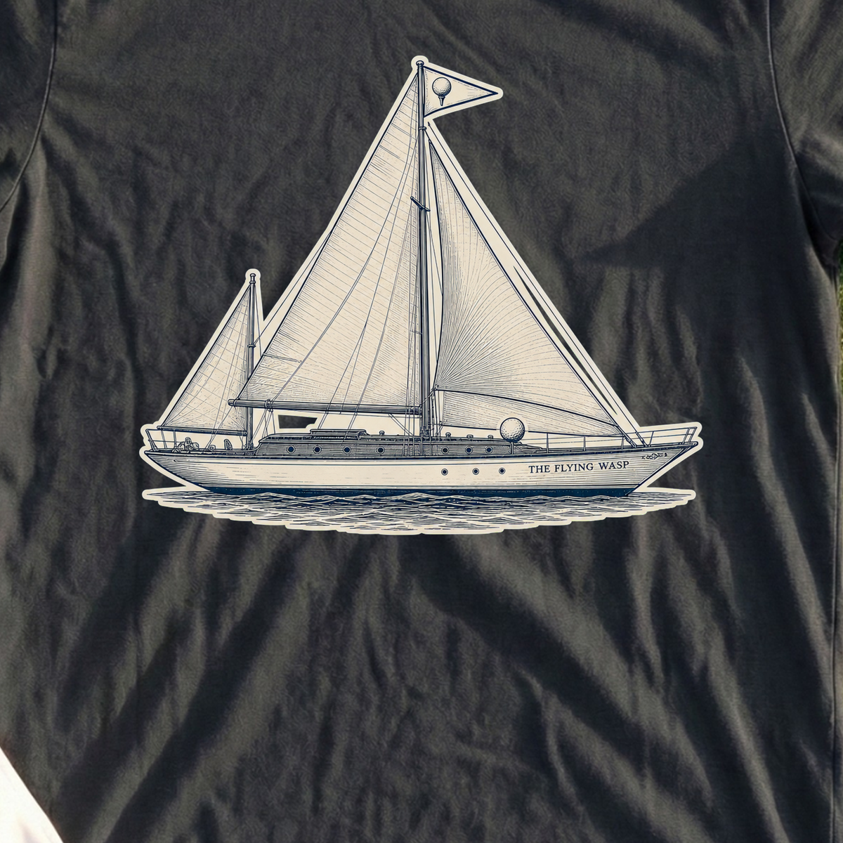 The Flying Wasp, Engraved Yacht Broadside Tee, print close-up on Black