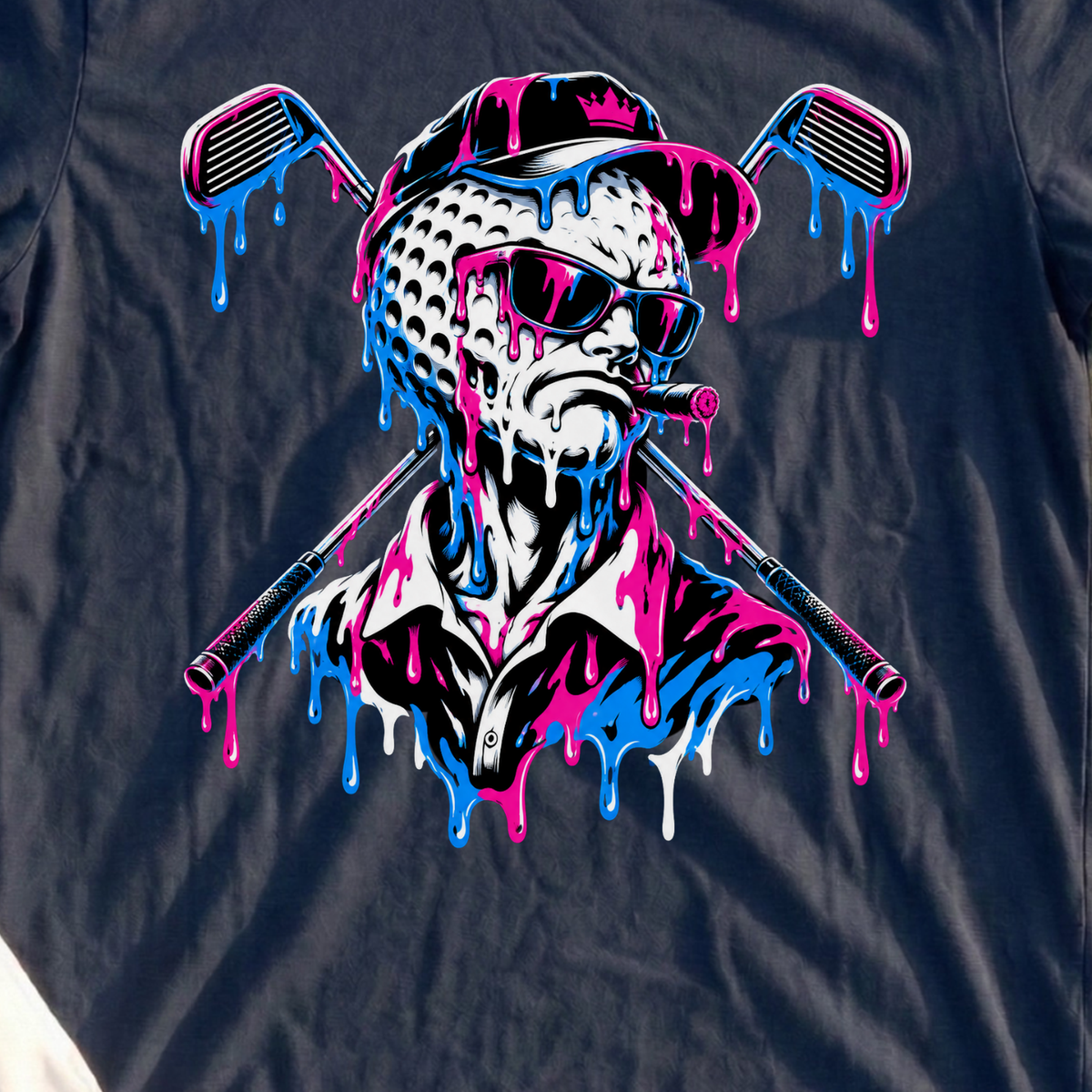 Drip Ball Boss, Crossed Irons Tee, print close-up on Navy