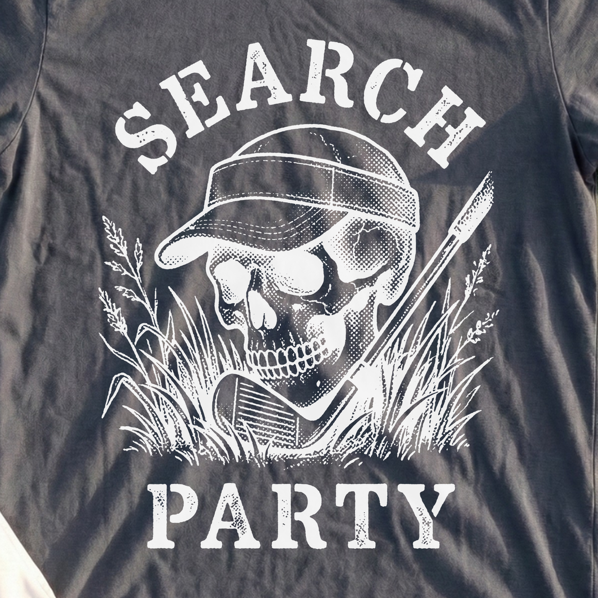 Search Party Tee, print close-up on Dark Heather