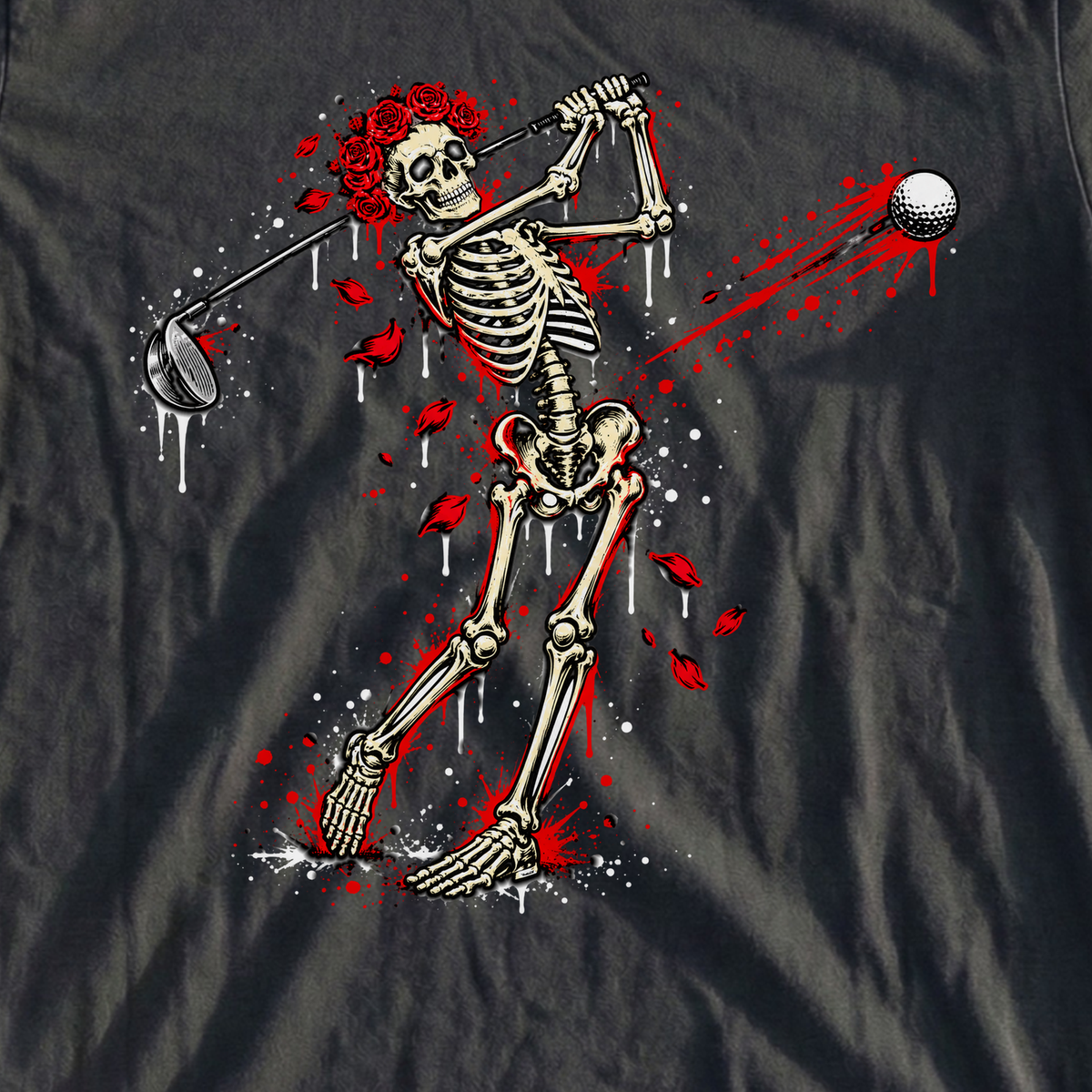 Rose Skeleton Red Splatter Tee, print close-up on Black