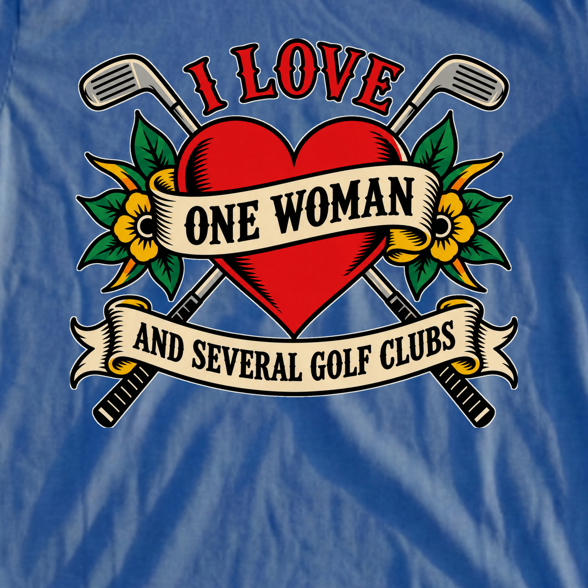 I Love One Woman Tattoo Tee, print close-up on Royal
