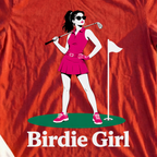 Birdie Girl, On The Green Tee, print close-up on Red