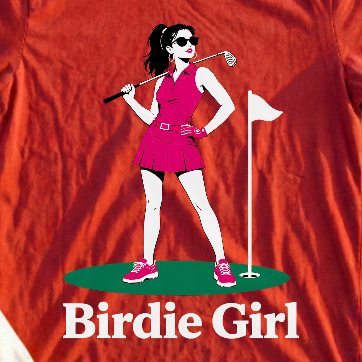 Birdie Girl, On The Green Tee, print close-up on Red