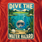 Dive The Water Hazard Travel Poster Tee, print close-up on Red