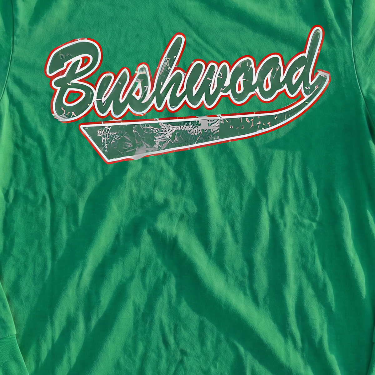 Bushwood Jersey Long Sleeve Tee, print close-up on Irish Green