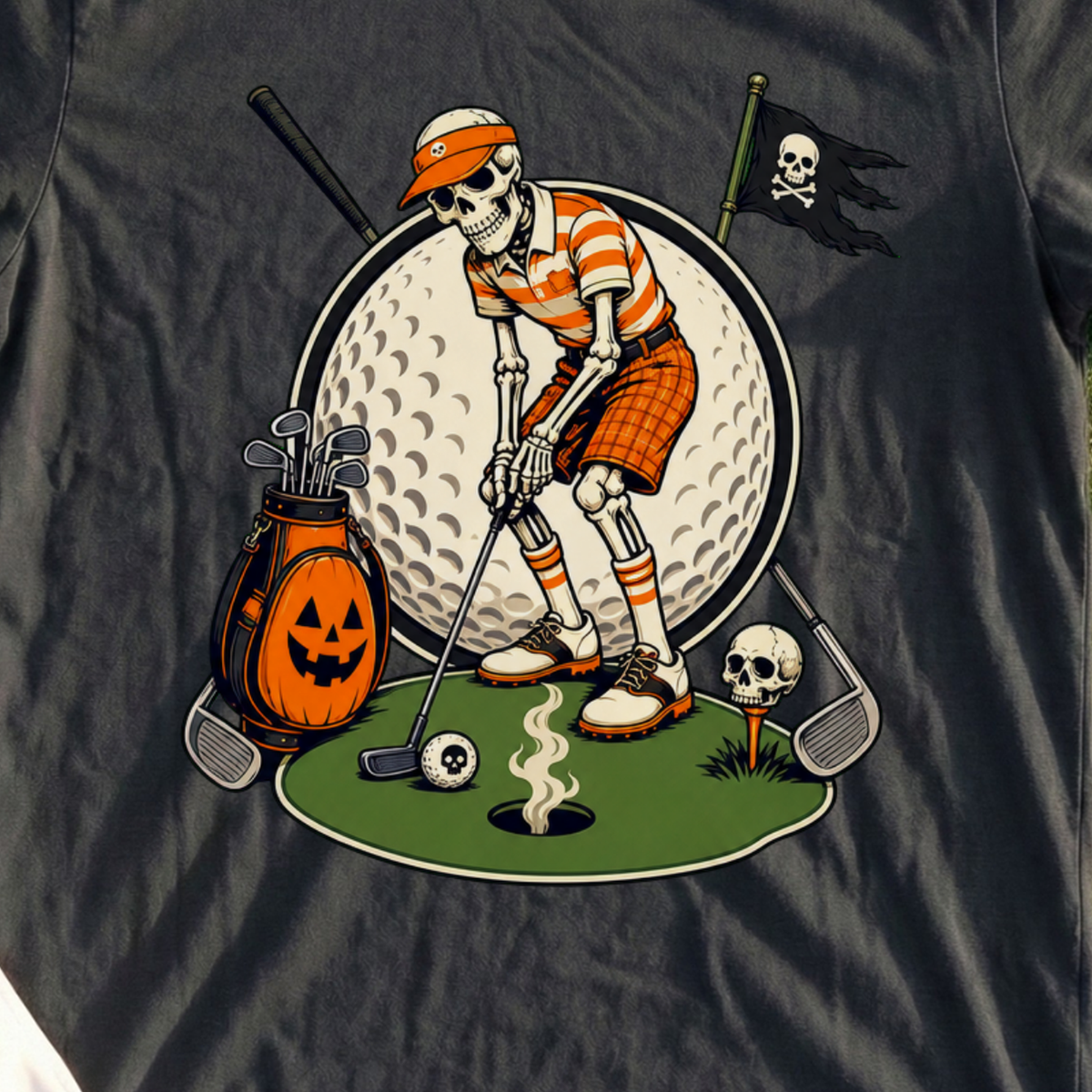 Halloween Skeleton Golfer Tee, print close-up on Black
