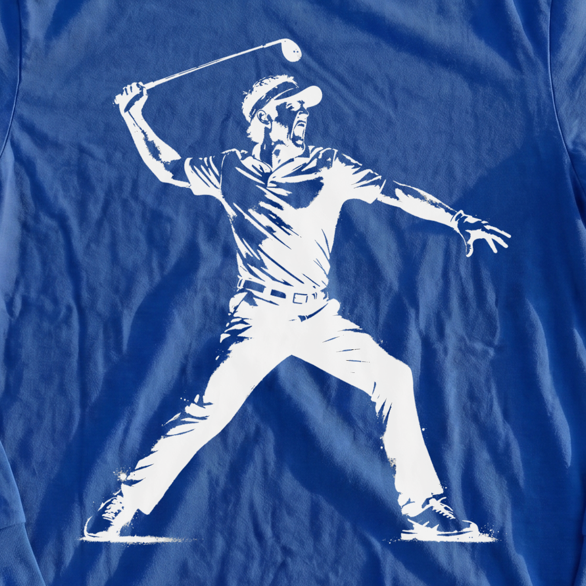 Angry Golfer Long Sleeve Tee, print close-up on Royal