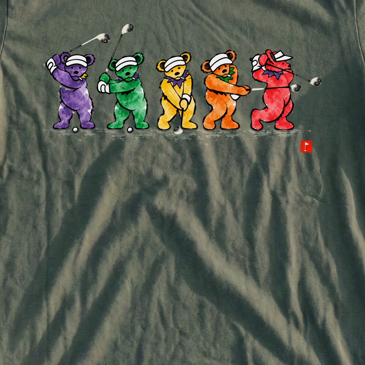 Golf Swing Bears Ink Wash Tee, print close-up on Military Green