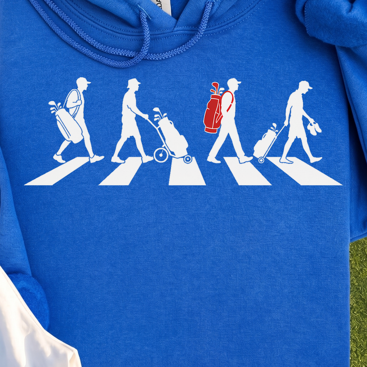 The Crossing Hoodie, print close-up on Royal