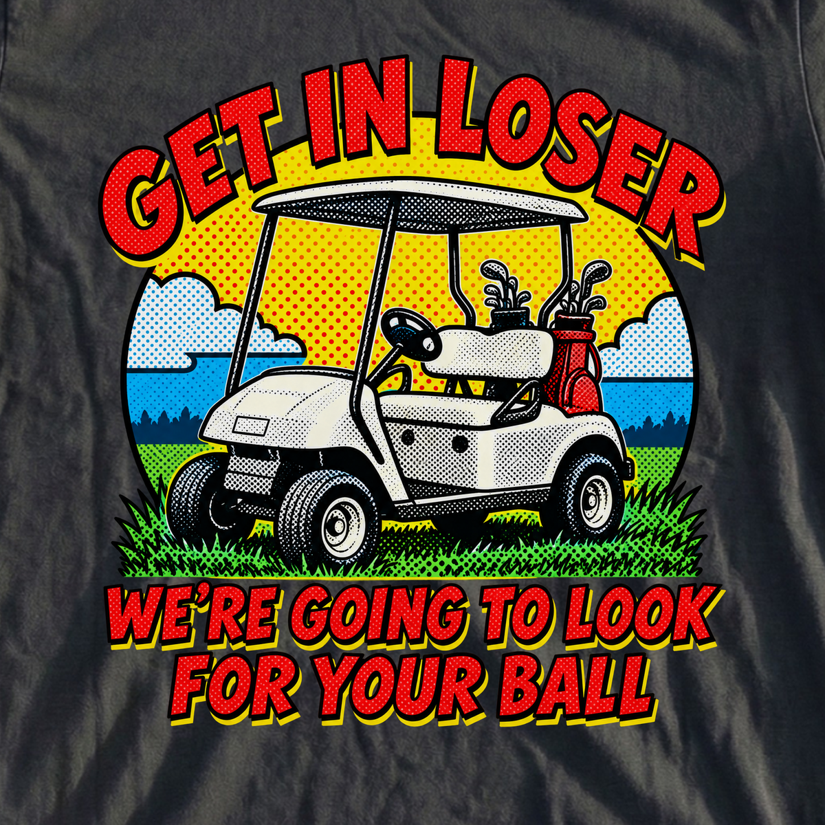 Get In Loser Pop Art Tee, print close-up on Black