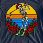 Skeleton Swing Sunset Pop Art Tee, print close-up on Navy